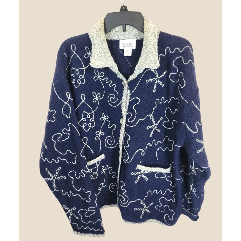 Christopher & Banks Cardigan Sweater Vintage 90s Wool Embroidered Blue Large